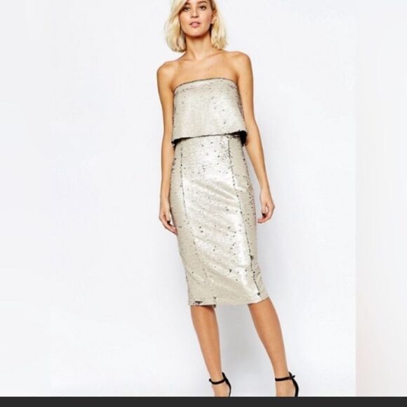 Lavish Alice Pealised & Gold Reverse Sequin Bandeau Cropped Midi Dress by Asos - Picture 1 of 5